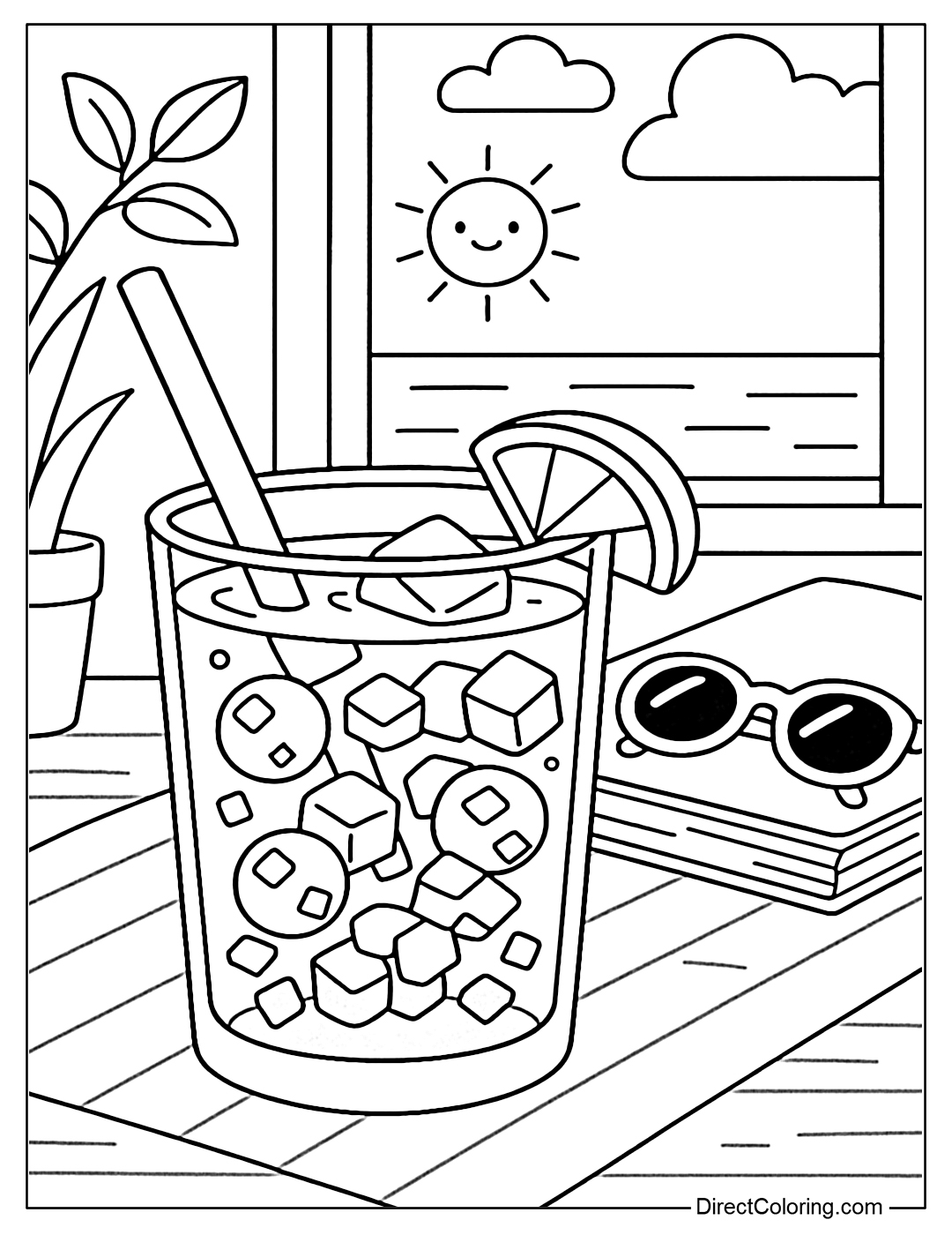 Coloring page of grape ice cubes with jelly floating in a layer of juice, a summer study table with books and sunglasses in the background.